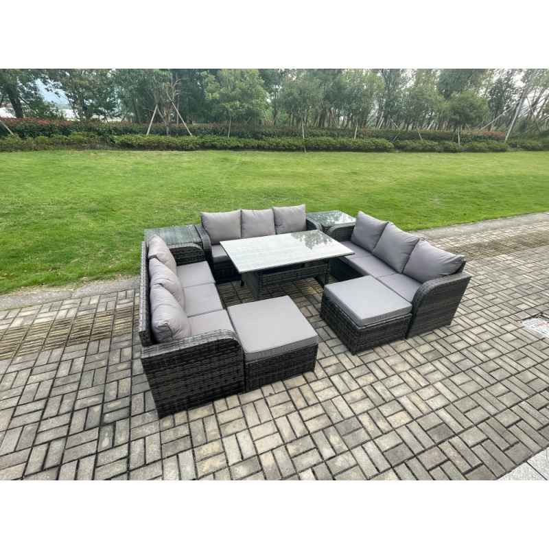 Fimous Wicker PE Rattan Sofa Outdoor Garden Furniture Set with Rectangular Dining Table 2 Big Footstool 2 Side Tables Dark Grey Mixed