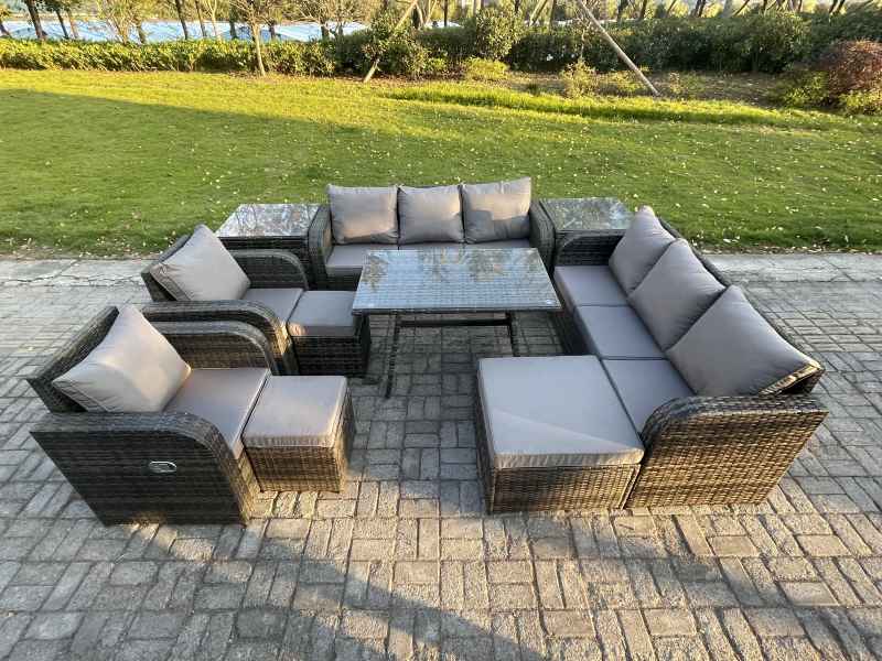 Fimous 11 Seater Rattan Outdoor Garden Furniture Sofa Set Patio Table & Chairs Set with 3 Seater Sofa Rectangular Dining Table 3 Footstool 2 Side Tables Dark Grey Mixed