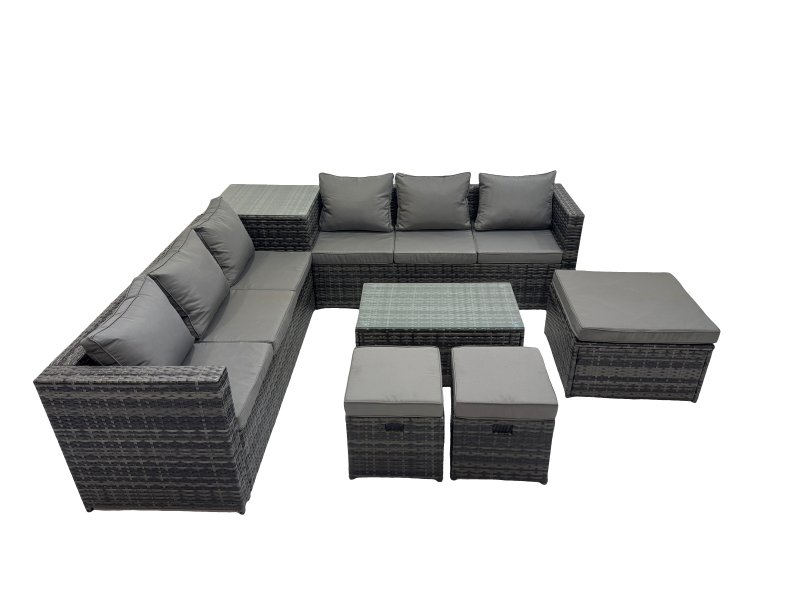Fimous 9 Seater Garden Outdoor Rattan Furniture Set Patio Corner Sofa Rectangular Coffee Table with Side Table 3 Stool Dark Grey