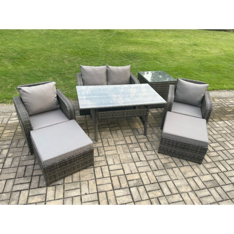 Fimous Rattan Outdoor Garden Furniture Set Rectangular Dining Table and Chair Sofa Set With Side Table 2 Big Footstool Dark Grey Mixed