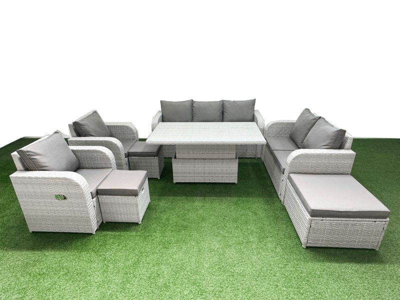 Fimous PE Rattan Garden Furniture Set Reclining Chair Sofa Double Love Seat 2 Seater Sofa Lounge Set Adjustable Lifting Dining or Coffee Table 3 Stools Light Grey