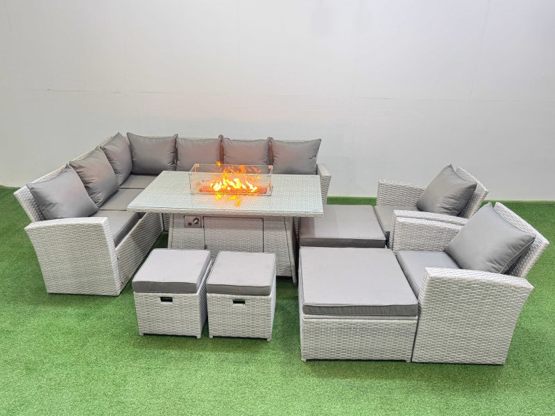 Fimous Outdoor Furniture Garden Dining Set Rattan Corner Sofa Chair Sets Gas Fire Pit Table with Temper Glass Footstools Light Grey Mixed