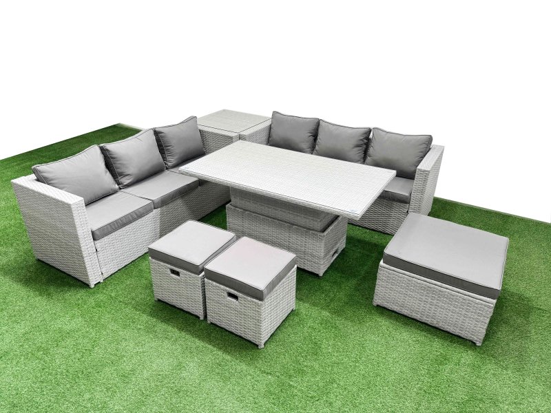 Fimous 7 PCs Rising Dining Table Set Rattan Furniture Set with 3 Seater Sofa 3 Footstools Side Table Light Grey
