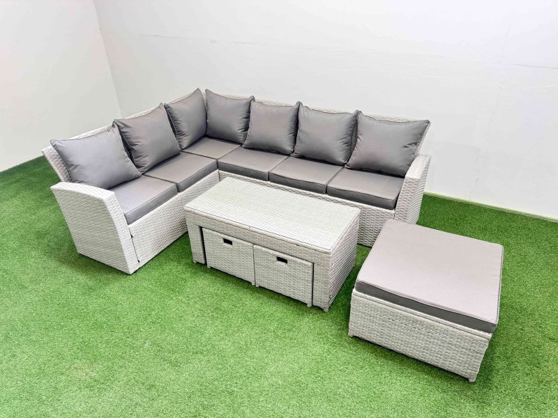 Fimous Rattan Garden Furniture Set Outdoor 9 Seater Corner Sofa Sets with Oblong Coffee Table 3 Footstools Light Grey Mixed