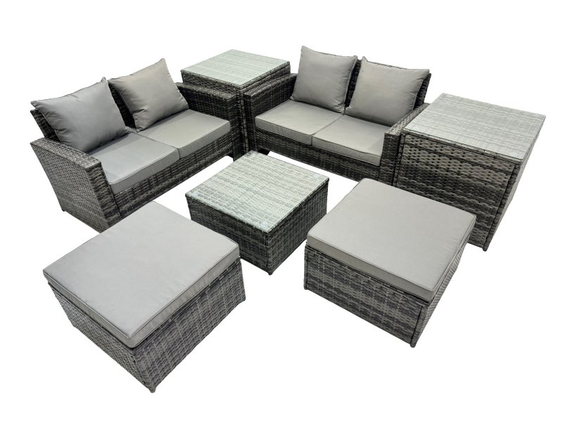 Fimous PE Rattan Garden Furniture Set Lounge Double Seat Sofa Coffee Table Set with 2 Side Tables 2 Big Stools Dark Grey Mixed