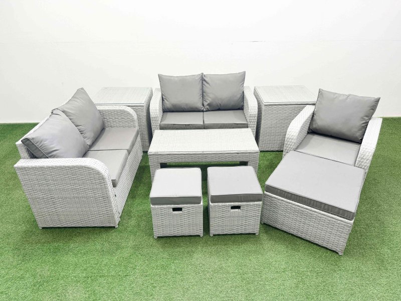 Fimous High Back Poly Rattan Garden Furniture Set with Reclining Chair Loveseat Sofa Oblong Coffee Table Indoor Outdoor Patio Set 3 Stools 2 Side Table Light Grey
