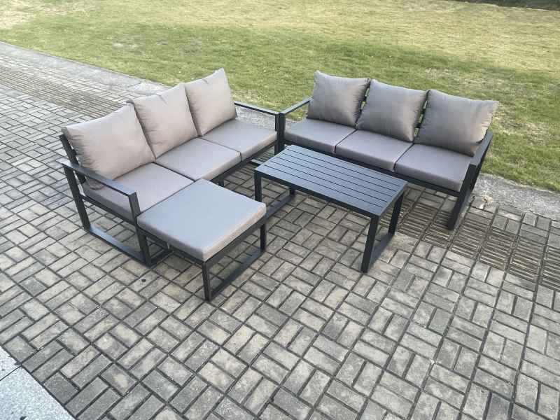 Fimous Aluminium 4 Pieces Outdoor Garden Furniture Lounge Sofa Set with Oblong Coffee Table Big Footstool Dark Grey
