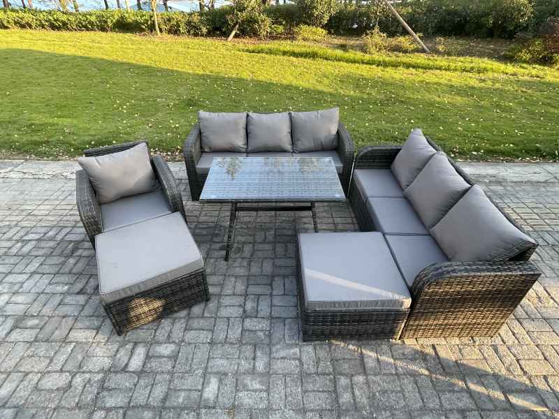 Fimous Rattan Garden Furniture Dining Set 9 seater Patio Rectangular Table 2 Big Footstool Dark Grey Mixed
