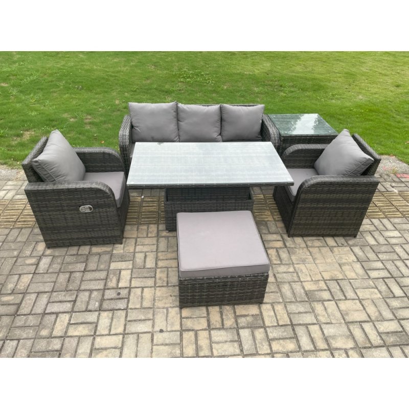 Fimous Wicker PE Rattan Outdoor Garden Furniture Set Height Adjustable Rising lifting Dining Table With Armchair Side Table Footstool