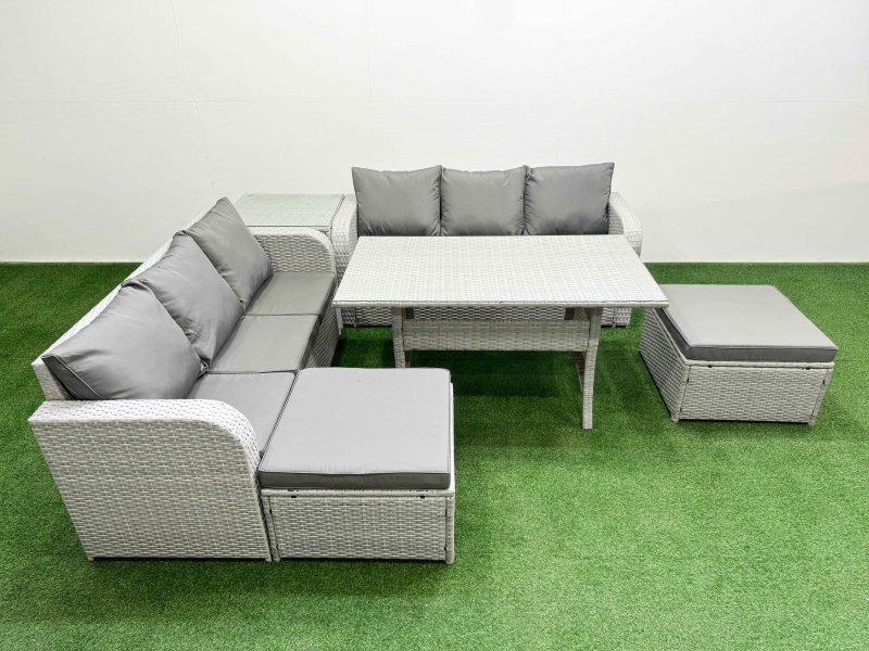 Fimous Outdoor Garden Furniture Sets 8 Seater Wicker Rattan Furniture Sofa Sets with Rectangular Dining Table high Back Lounge Sofa 2 Big Footstool Side Table Light Grey