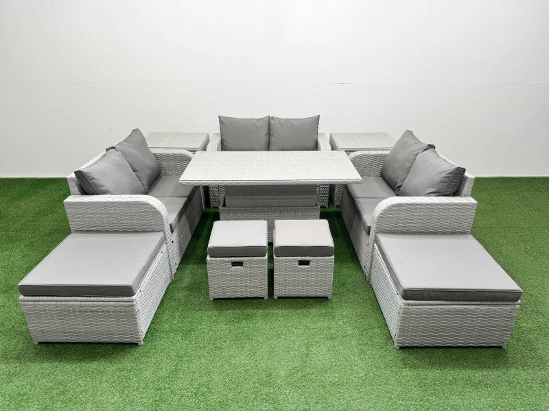 Fimous 10 PCs Rising Dining Table Set Inclining Love Sofa Seat 2 Big Footstool 2 Small Stool 2 Side Table Light Grey