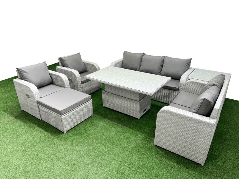 Fimous PE Rattan Garden Furniture Set Reclining Chair Sofa Double Love Seat 2 Seater Sofa Lounge Set Adjustable Lifting Dining or Coffee Table Big Footstool Side Table Light Grey