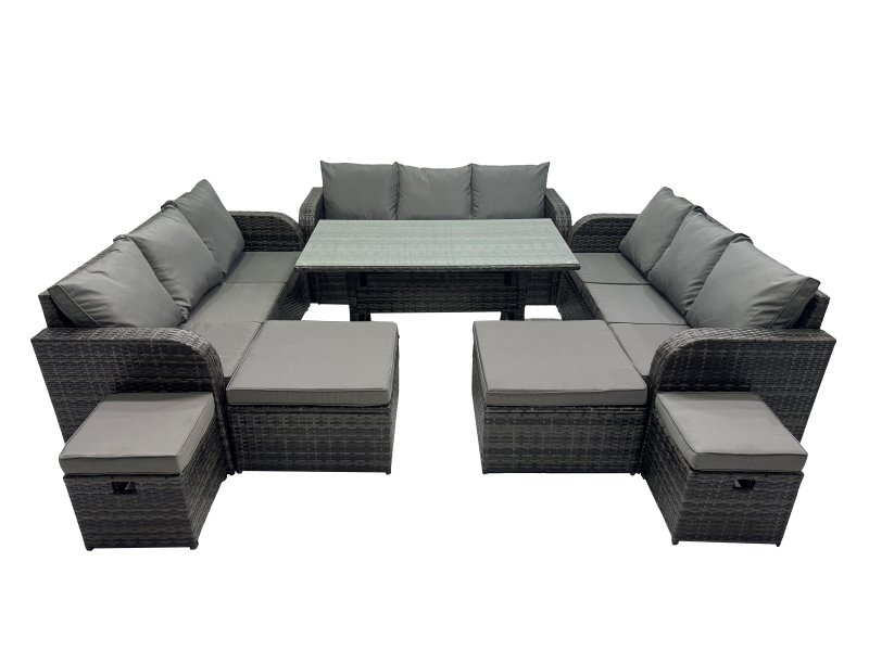 Fimous 13 Seater Garden Outdoor Rattan Furniture Set Rattan Sofa Oblong Dining Table with 4 Footstools Dark Grey