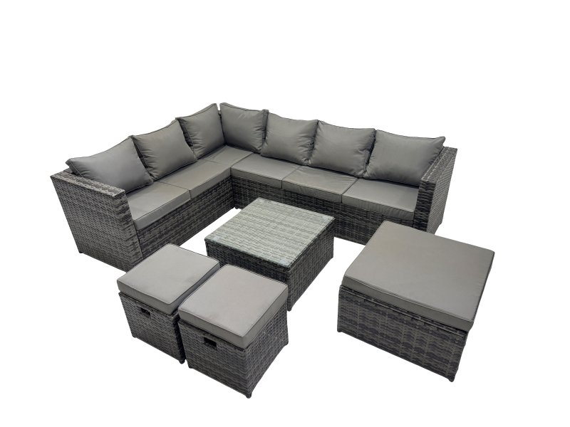 Fimous Rattan Garden Furniture Patio Furniture Sets with Corner Sofa Square Coffee Table 3 Footstools Dark Grey Mixed