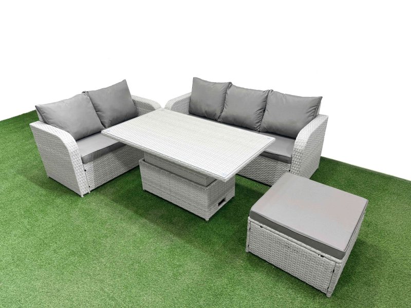 Fimous 6 Seater PE Rattan Wicker Garden Furniture Patio Conservatory Sofa Set with Adjustable Lifting Dining or Coffee Table 3 Seater Sofa Love Sofa Big Footstool