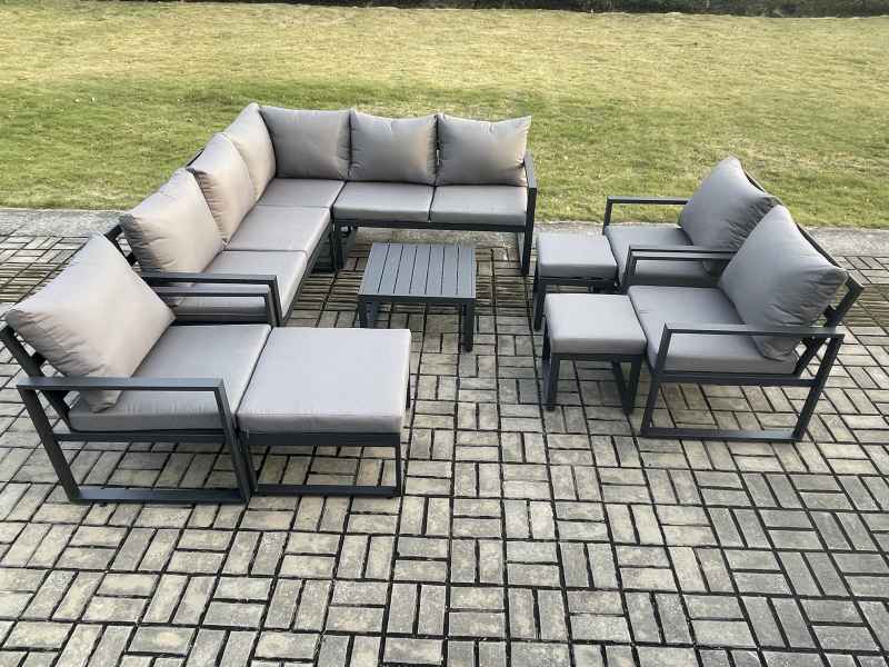 Fimous 11 Seater Outdoor Aluminium Garden Furniture Set Corner Lounge Sofa Set with Square Coffee Table Chair 3 Footstools Dark Grey