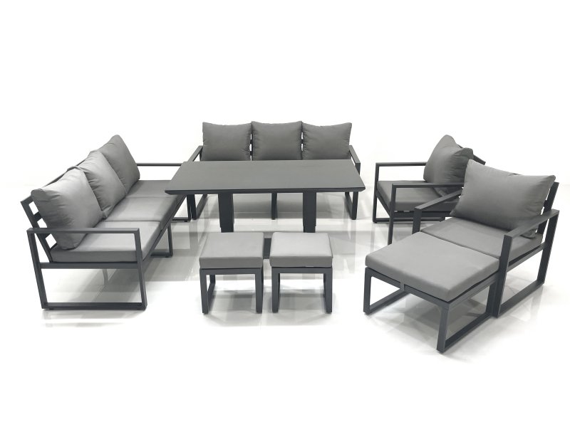 Fimous Garden Sofa Set Aluminium Furniture Rising Dining Tabe Set with 2 Chair 3 Footstools Dark Grey