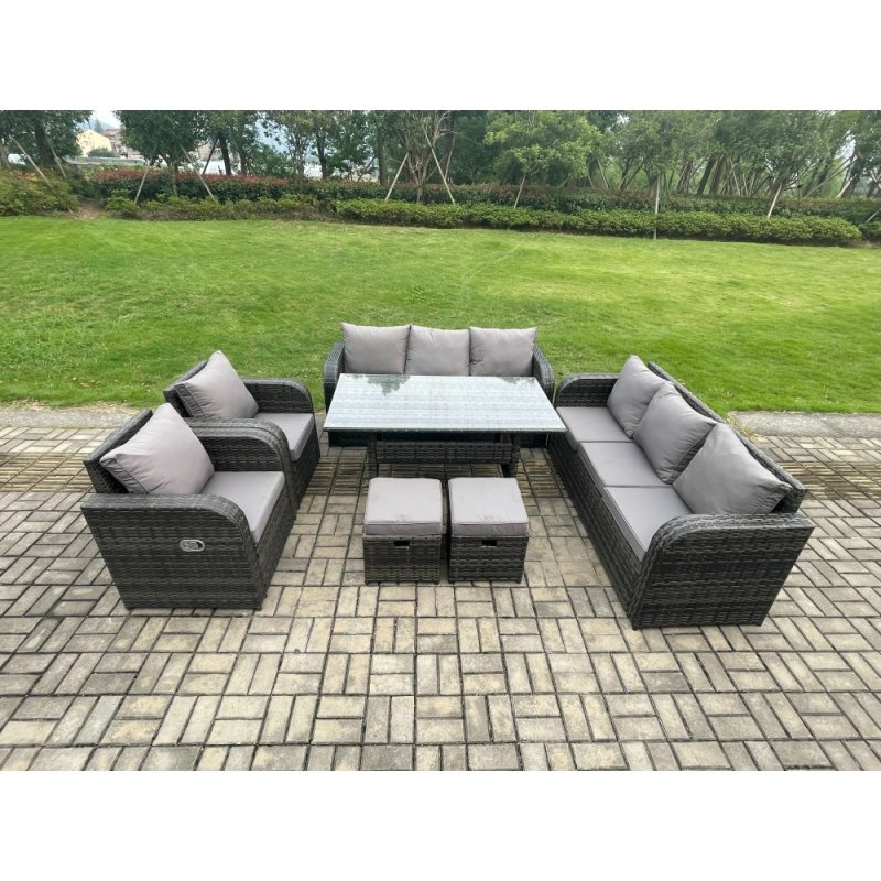 Fimous 10 Seater Lounge Rattan Sofa Set Outdoor Garden Furniture Oblong Rectangular Dining Table With Adjustable Chair 3 Seater Sofa 2 Small FootstoolsDark Grey Mixed
