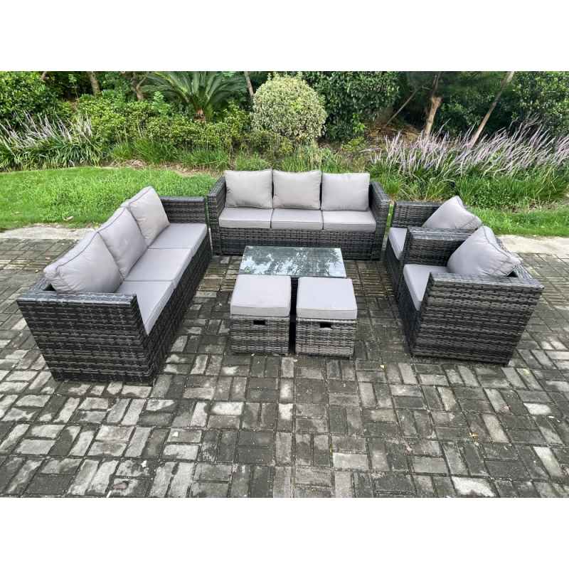 Fimous Wicker PE Rattan Sofa Set Outdoor Patio Garden Furniture with 2 Armchairs Oblong Coffee Table 2 Small Footstools Dark Grey Mixed
