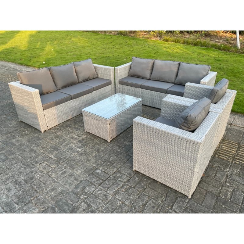 Fimous Light Grey Outdoor PE Rattan Garden Furniture Set Wicker Sofa Set Oblong Coffee Table 2 Armchair
