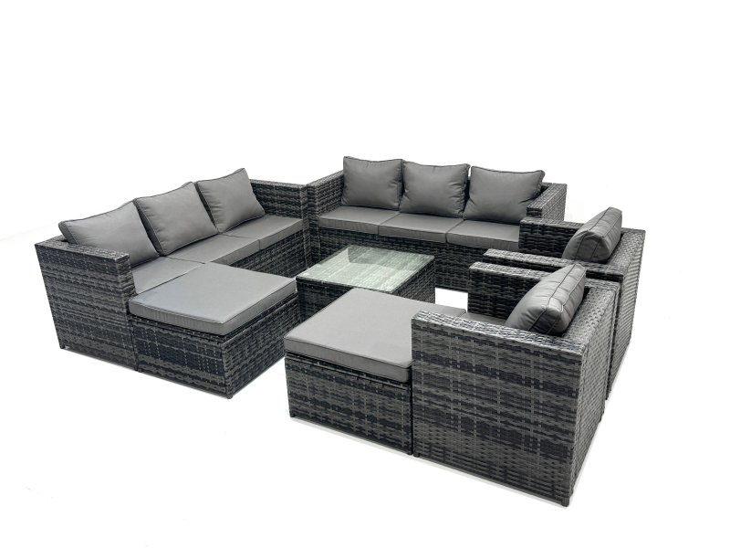 Fimous Outdoor Rattan Garden Furniture Set 10 Seater Patio Lounge Sofa Set with Armchair Square Coffee Table 2 Big Footstool Dark Grey Mixed