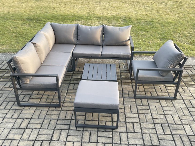 Fimous Outdoor Garden Furniture Set Aluminium Lounge Sofa Square Coffee Table Sets with Chair Big Footstool Indoor Conservatory Set Dark Grey