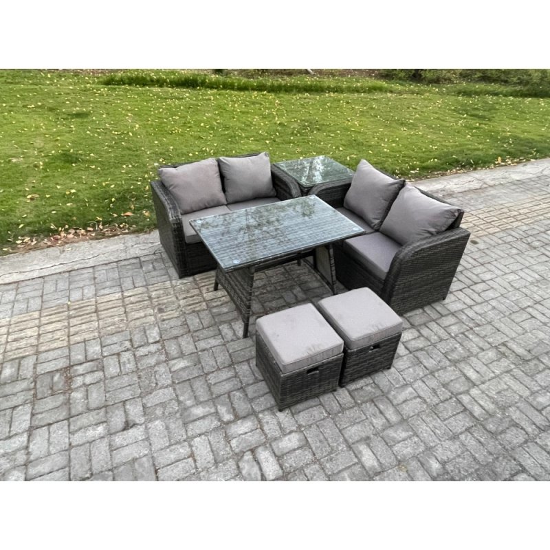Fimous Outdoor Garden Furniture Sets 6 Pieces Wicker Rattan Furniture Sofa Sets with Rectangular Dining Table Love Sofa 2 Small Footstool Side Table