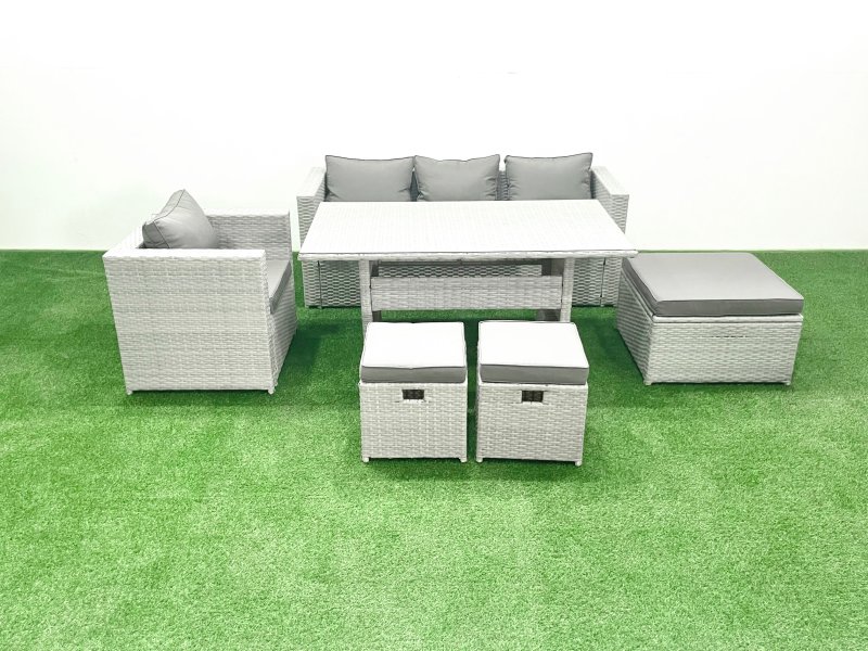 Fimous Garden Dining Set Outdoor Rattan Furniture Set with Sofa Dining Table 3 Footstools Light Grey Mixed