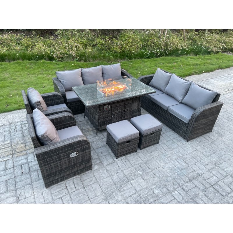 Fimous Outdoor Rattan Garden Furniture High Back Sofa Set Fire Pit Dining Table Gas Heater 2 Recling Chairs 3 Seater Lounge Sofa Footstools 10 Seater