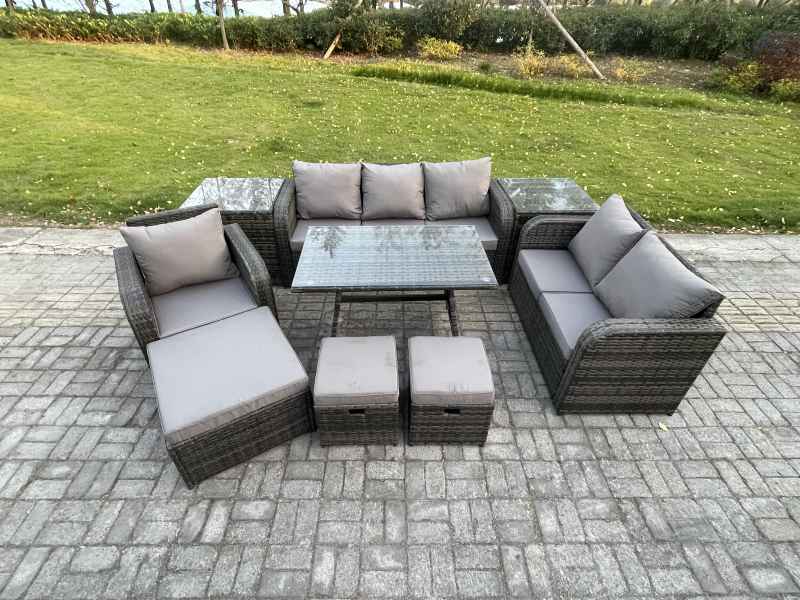 Fimous 9 PCS Outdoor Lounge Sofa Set Wicker PE Rattan Garden Furniture Set with Rectangular Dining Table Armchair 3 Footstools Dark Grey Mixed