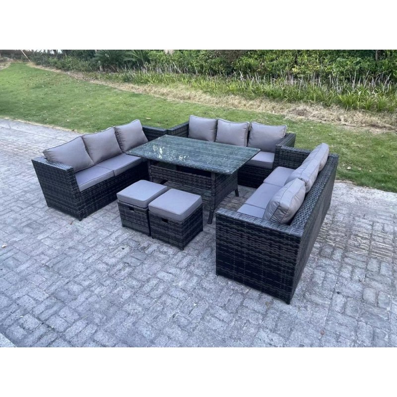 Fimous 11 Seater Outdoor Wicker Garden Furniture Rattan Lounge Sofa Set Patio Rectangular Dining Table with 2 Small Footstool Dark Grey Mixed