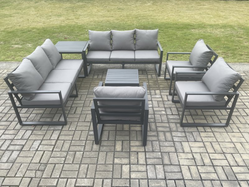 Fimous Aluminium Outdoor Garden Furniture Set Patio Lounge Sofa with Square Coffee Table 3 Armchairs Side Table Dark Grey