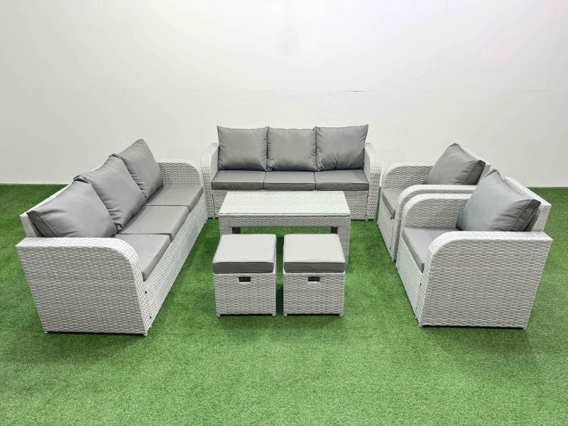 Fimous PE Rattan High Back Lounge Sofa Set Patio Oblong Coffee Table & Chairs Set with 3 Seater Sofa Reclining Chair Stools Light Grey