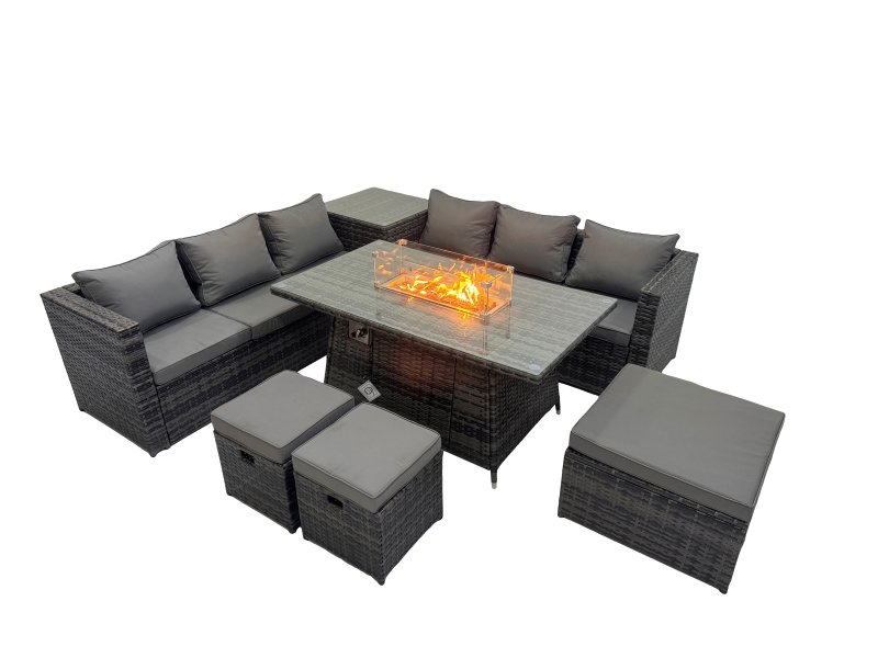 Fimous 9 Seater Garden Outdoor Rattan Furniture Set Patio Corner Sofa Gas Firepit Dining Table with Side Table 3 Stools Dark Grey