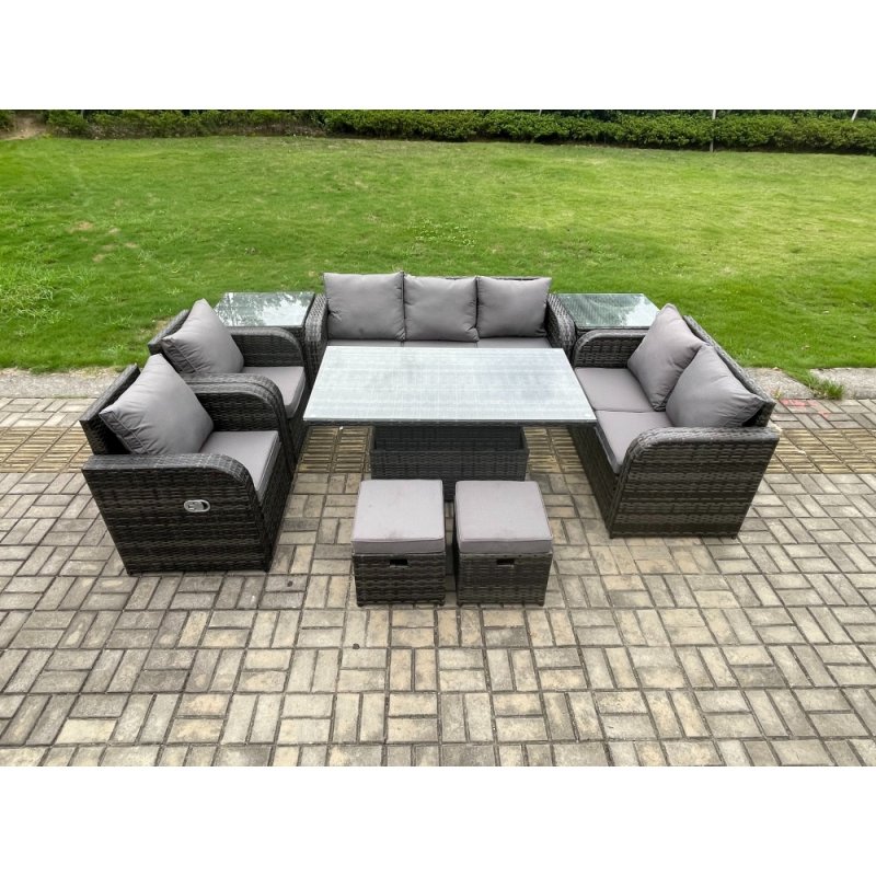 Fimous Wicker PE Rattan Outdoor Garden Furniture Sets Height Adjustable Rising lifting Dining Table Reclining Chair Sofa Set with 2 Side Tables 2 Small Footstools Dark Grey Mixed