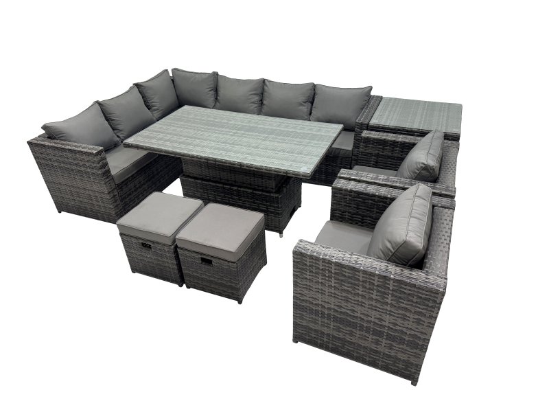 Fimous 10-seater Height Adjustable Rising Lifting Table Corner Sofa Set Rattan Garden Furniture Dining Set with 2 Small Stool Side Table Dark Grey Mixed