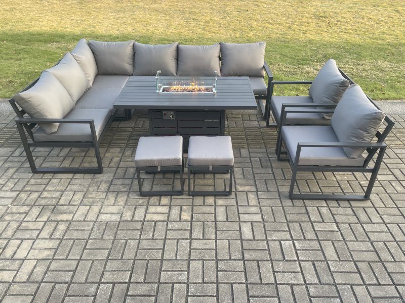 Fimous Aluminium Patio Outdoor Garden Furniture Corner Sofa Set Gas Fire Pit Dining Table with 2 Chairs 2 Small Footstools Dark Grey