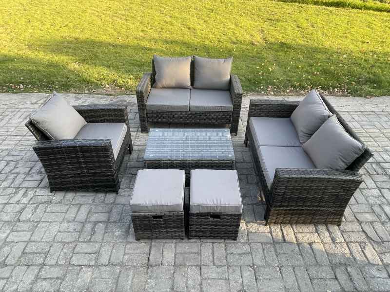 Fimous Rattan Garden Furniture Set 7 Seater Patio Outdoor Lounge Sofa Chair Set with Rectangular Coffee Table 2 Small Footstools Dark Grey Mixed