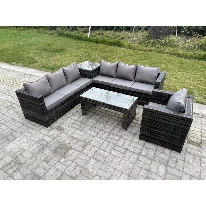 Fimous 7 Seater Rattan Corner Sofa Set With Square Side Table And Oblong Rectangular Coffee Tea Table Arm Chair Dark Grey Mixed