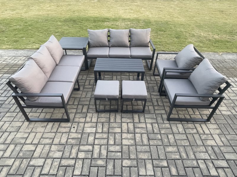 Fimous Aluminium Outdoor Garden Furniture Lounge Sofa 2 PC Chairs Oblong Coffee Table Sets with Side Table 2 Small Footstool Dark Grey