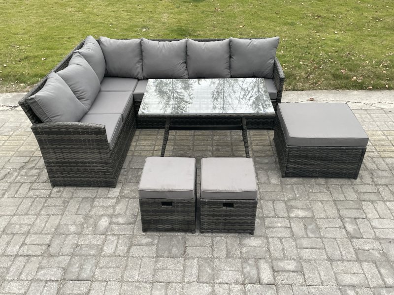Fimous Wicker Rattan Garden Furniture Corner Sofa Set with Oblong Dining Table 3 Footstools 9 Seater Outdoor Rattan Set Dark Grey Mixed