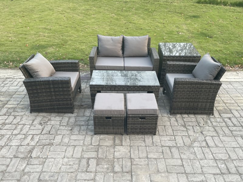 Fimous 6 Seater Outdoor Rattan Garden Furniture Set Patio Lounge Sofa Set with Coffee Table Side Table 2 Small Footstools Dark Grey Mixed