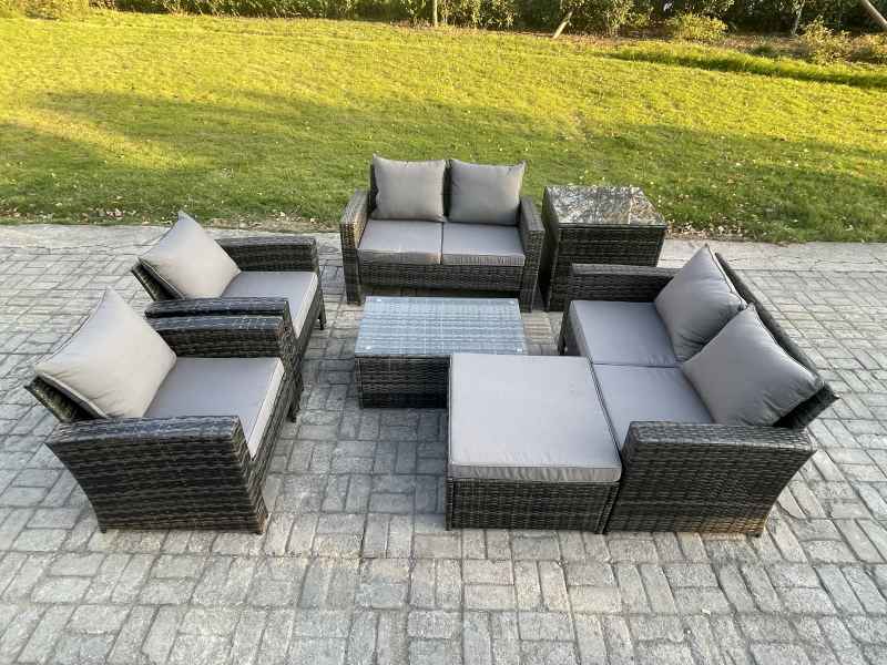 Fimous Garden Furniture Sets 7 Pieces Outdoor Rattan Furniture Manual Wicker Patio Sofa Chair Set with Coffee Table Big Footstool Side Table Dark Grey Mixed
