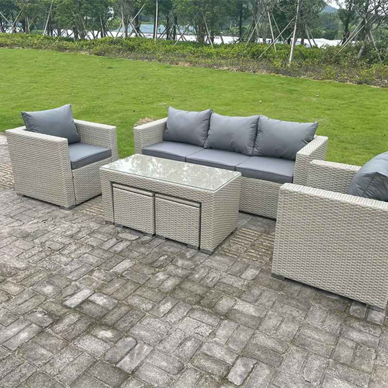 Fimous Wicker Rattan Garden Furniture Sofa Sets Outdoor Patio Coffee Table With Stools light grey