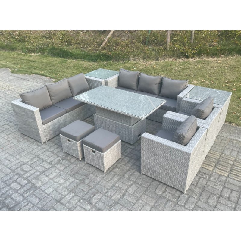 Fimous Rattan Garden Funiture Set Adjustable Rising Lifting Table Sofa Dining Set Lounge Chair 2 Side Table Stool