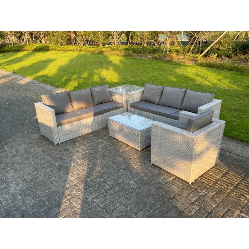 Fimous Light Grey Outdoor Rattan Garden Furniture Set Corner Sofa Set Oblong Square Coffee Table Armchair