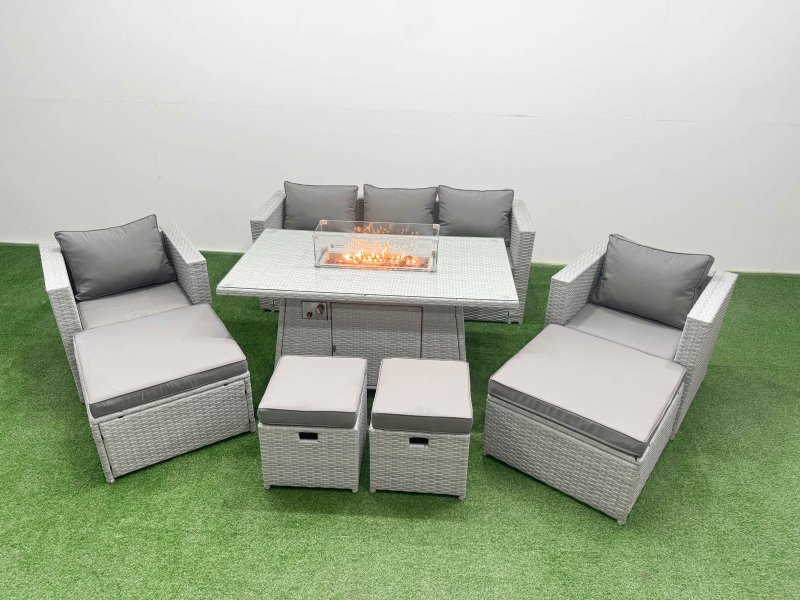 Fimous 9 Seat PE Rattan Lounge Sofa Set Outdoor Garden Furniture Set with Firepit Dining Table 3 Seater Sofa 4 Footstools Light Grey