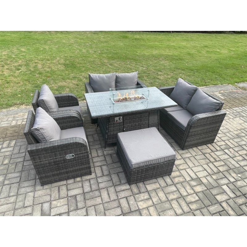 Fimous 7 Seater Rattan Garden Furniture Set Propane Gas Fire Pit Table and Sofa Chair set with Big Footstool