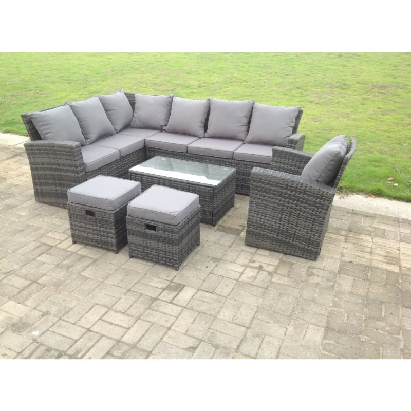 Fimous 9 Seater High Back Rattan Garden Furniture Set Corner Sofa With Oblong Coffee Table Footstool With Chair