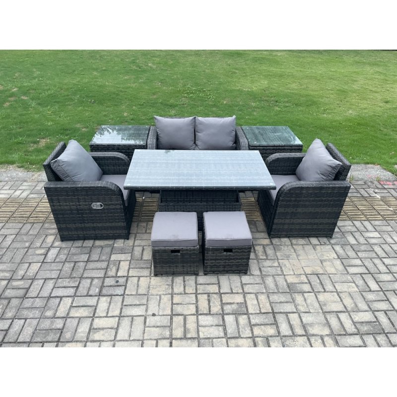 Fimous 6 Seater Rattan Outdoor Furniture Garden Dining Set Patio Height Adjustable Rising lifting Table Love Sofa Chair With 2 Side Tables Stools